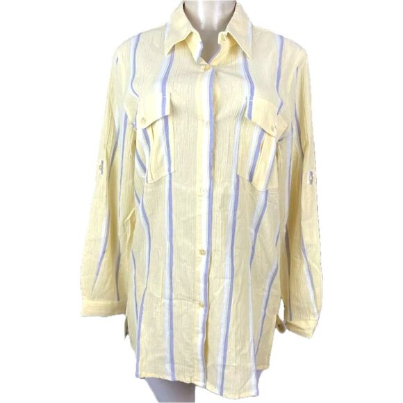 Denim & Co. M Yellow-Purple Striped Button Down Pockets Cotton Long Sleeve Shirt - Picture 2 of 6